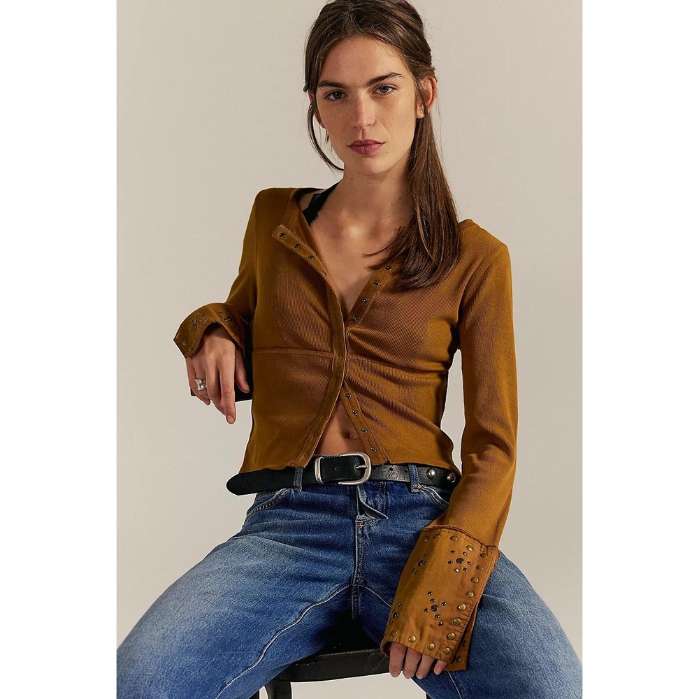 Free People We The Free Cotton Knit Night Belle Cuff Top Mustard Large